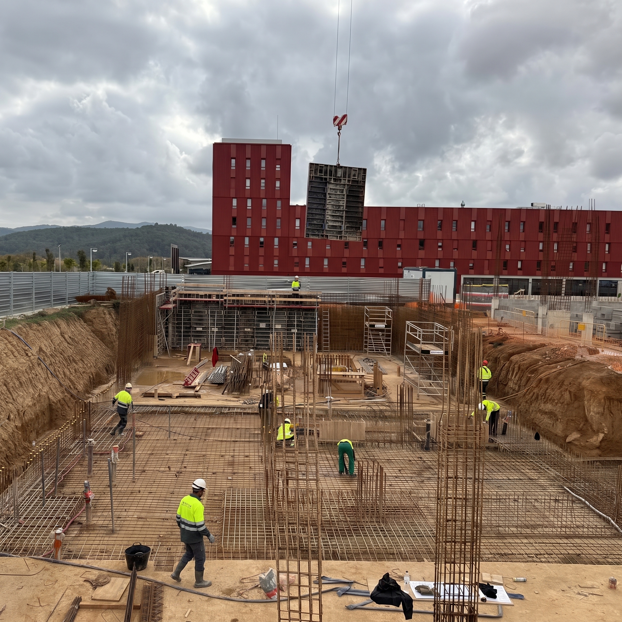 Vista geral da obra com equipa, armaduras e grua